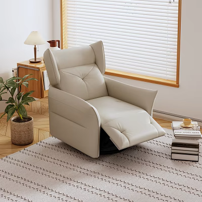 Beige Leather Recliner Chair With Adjustable Footrest Wooden Floor Potted Plant And Window Blinds 3d model
