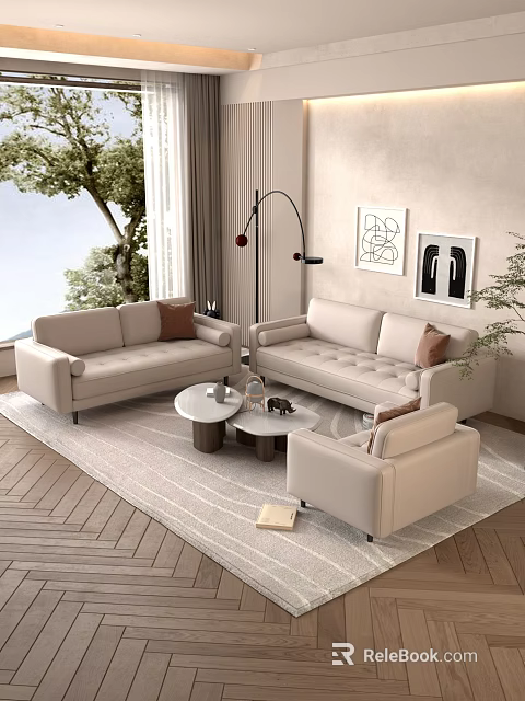 Modern Light Beige Sofa Coffee Table Set Interior With Accent Pillows Wall Art And Greenery 3d model