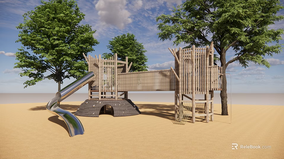 Wooden Playground Equipment With Slide Climbing Structure And Trees In Sand Area 3d model 