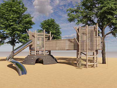 Wooden Playground Equipment With Slide Climbing Structure And Trees In Sand Area 3d model