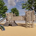 Wooden Playground Equipment With Slide Climbing Structure And Trees In Sand Area