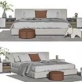 Modern Double Bed Interior With Gray Frame Pillows Bedside Tables Stool And Decorative Elements 3d model