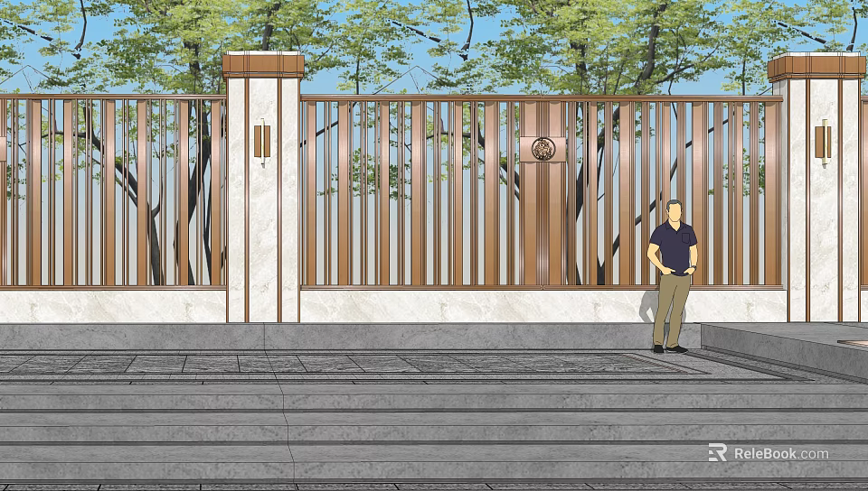 Wooden Slat Feature Wall With White Pillar Decorative Elements And Stone Steps Surrounded By Trees 3d model 