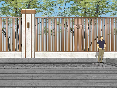 Wooden Slat Feature Wall With White Pillar Decorative Elements And Stone Steps Surrounded By Trees 3d model