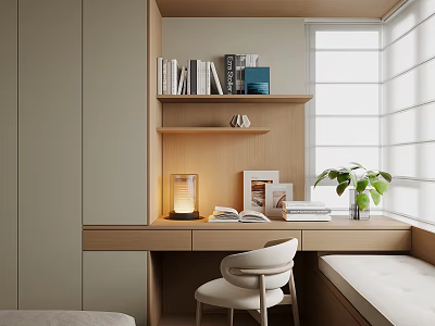 Bay Window Interior Design With Wooden Desk Lamp Books Plant And Chair 3d model