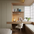 Bay Window Interior Design With Wooden Desk Lamp Books Plant And Chair