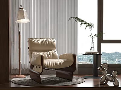 Comfortable Beige Leather Accent Chair With Wooden Frame Floor Lamp And Side Table 3d model