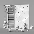 Robot Dolls in Kids Play Area with Wooden Ladder Climbing Wall Geometric Pattern and Balloons