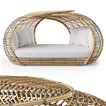 Woven Rattan Double Bed with Curved Frame and White Cushions and Pillows