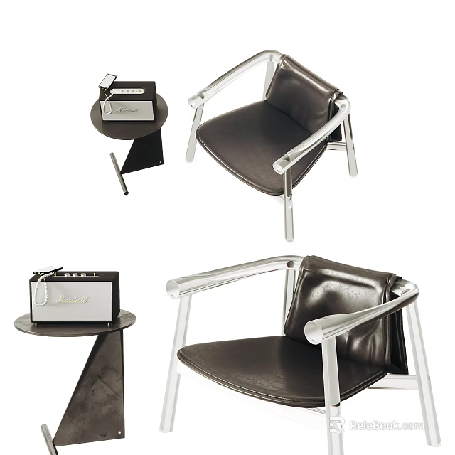Modern Dark Leather Leisure Chair With Metal Frame And Side Table With Decorations 3d model 