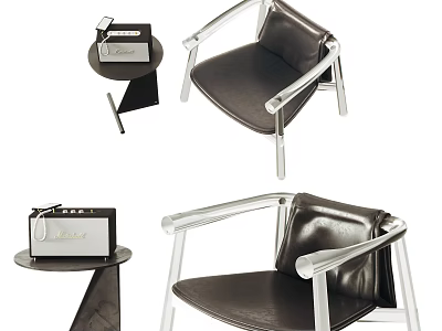 Modern Dark Leather Leisure Chair With Metal Frame And Side Table With Decorations 3d model