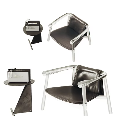 Modern Dark Leather Leisure Chair With Metal Frame And Side Table With Decorations 3d model