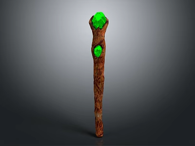 Detailed Carved Brown Wooden Staff With Two Green Gemstones On Top And Middle 3d model