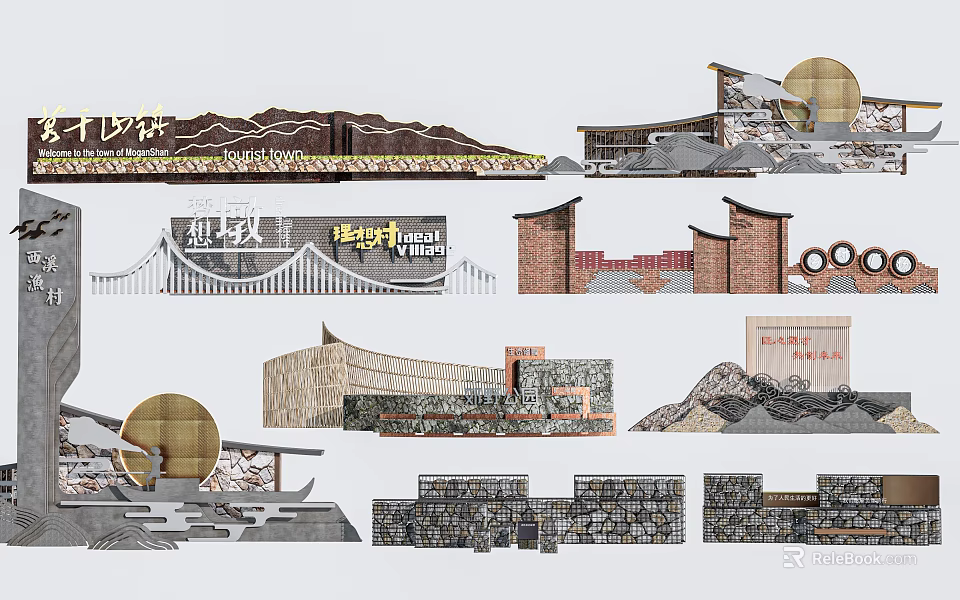 Scenic Wall Architectural Designs With Stone Brick Wooden Elements And Decorative Features 3d model 