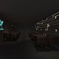 Stylish Bar Interior with Large Screen Live Performance Bottles on Sleek Marble Counter and Brick Wall