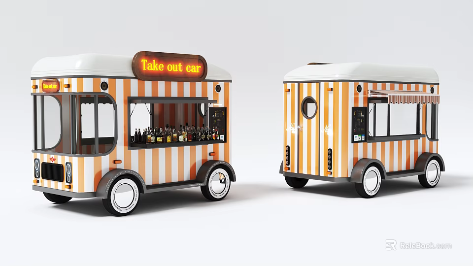 Orange And White Striped Take Out Car With Drinks Display And Service Window 3d model 