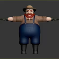 Human Farmer Character Wearing Straw Hat Red Beard Blue Overalls And Black Boots 3d model