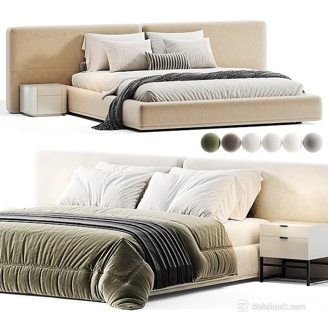 Modern Upholstered Double Bed With Soft Bedding Side Tables And Color Choices 3d model 