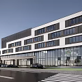 Modern Multi Story Building with Glass Curtain Walls on Street with Pedestrians and Cars