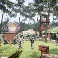 Military Themed Outdoor Field Featuring Forest Red Flower Sandbags Machine Guns And Watchtower