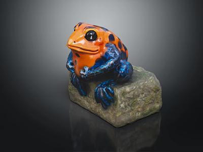 Colorful Frog Sculpture With Orange Blue Skin And Black Spots Sitting On Natural Rock 3d model