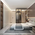 Modern Bedroom Interior Design With Wooden Walls Bed Nightstands Hanging Lamp And Wardrobe