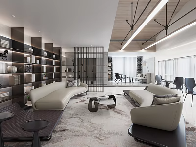 Modern Lounge Area Interior Design With Beige Sofa Coffee Table And Wooden Bookshelves 3d model