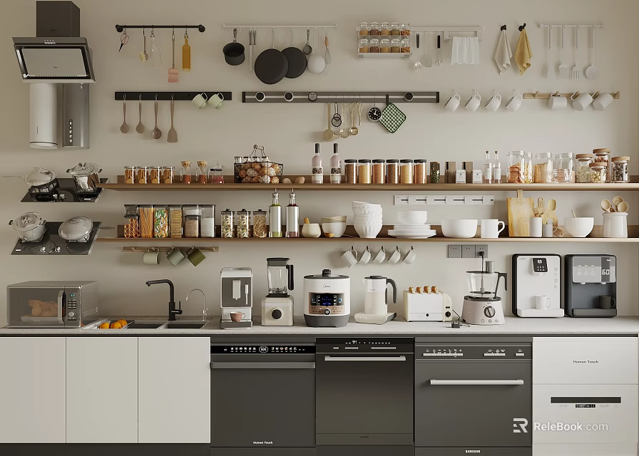 Modern Kitchen Interior With Cabinets Open Shelves Jars Cups And Essential Kitchen Appliances 3d model 