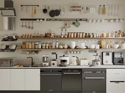Modern Kitchen Interior With Cabinets Open Shelves Jars Cups And Essential Kitchen Appliances 3d model