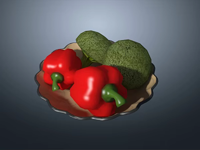 Fresh Ripe Red Bell Peppers And Green Avocados On A Ceramic Plate 3d model