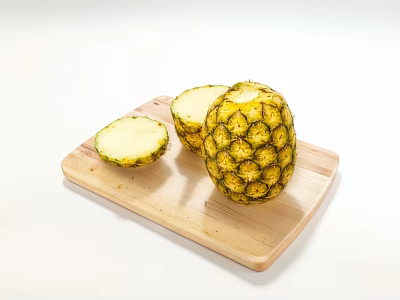 Fresh Whole Pineapple And Sliced Pieces On Wooden Cutting Board 3d model