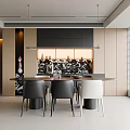 Modern Restaurant Interior With Open Kitchen Round Dining Table Chairs And Hanging Lights