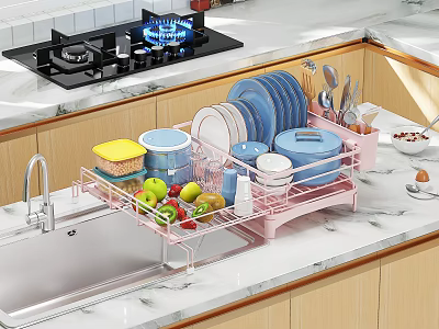 Practical Dishware Set With Pink Drying Rack For Kitchen Sink Countertop Storage 3d model