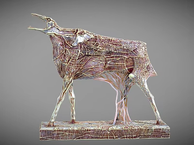 Intricate Deer Sculpture With Detailed Carving And Metallic Wireframe Structure 3d model