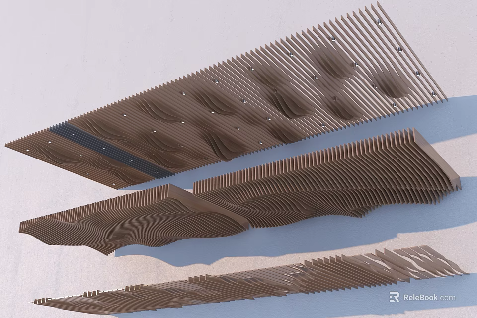 Modern Wooden Ceiling Design With Wavy Striped Texture And Architectural Elements 3d model 