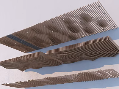 Modern Wooden Ceiling Design With Wavy Striped Texture And Architectural Elements 3d model
