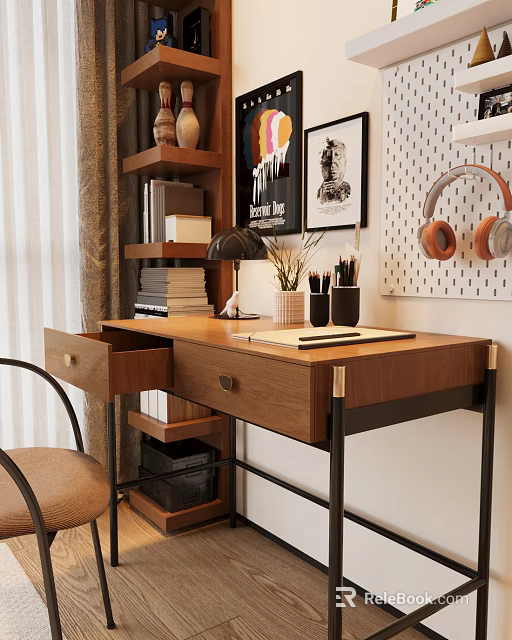 Wooden Desk With Open Drawer Table Lamp Pen Holder Notebook And Bookshelf With Headphones 3d model 