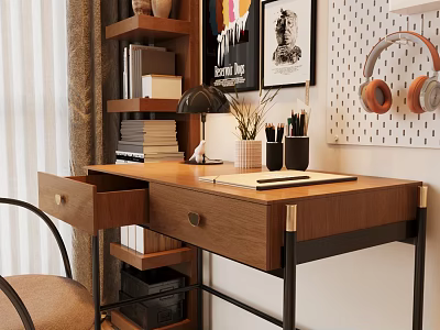 Wooden Desk With Open Drawer Table Lamp Pen Holder Notebook And Bookshelf With Headphones 3d model