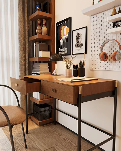 Wooden Desk With Open Drawer Table Lamp Pen Holder Notebook And Bookshelf With Headphones 3d model