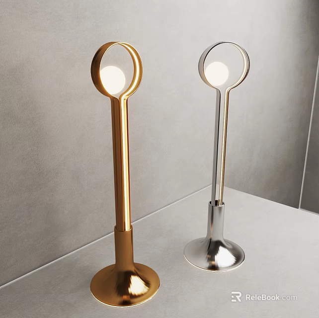 Modern Gold Silver Floor Lamps with Slim Pole Round Shade Flared Base on Gray Surface 3d model 