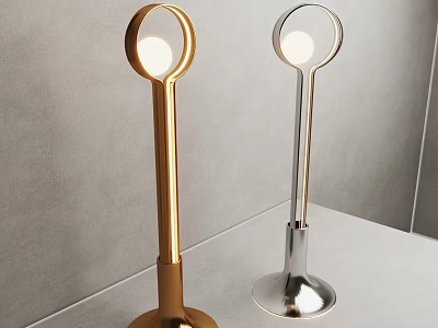 Modern Gold Silver Floor Lamps with Slim Pole Round Shade Flared Base on Gray Surface 3d model