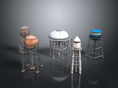 Various Water Tower Models With Diverse Designs And Metal Frame Structures 3d model