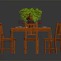 Wooden Dining Table With Four Chairs Green Plant Red Wine Glasses Tableware And Tablecloth