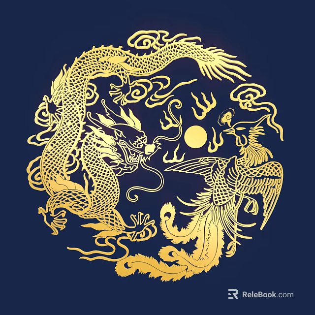 Golden Dragon And Phoenix Carving With Cloud Patterns Sun Motif On Deep Blue Background 3d model