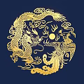 Golden Dragon And Phoenix Carving With Cloud Patterns Sun Motif On Deep Blue Background 3d model