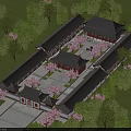Traditional Chinese Ancient Architecture Courtyard with Sloped Roofs Surrounded by Green Trees and Cherry Blossoms