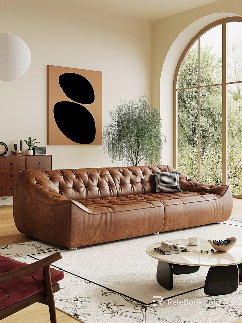 Brown Leather Sectional Sofa In Classic Interior With Indoor Plants And Abstract Painting 3d model 