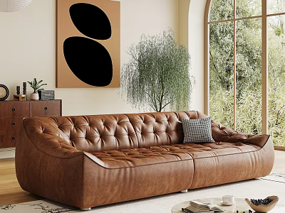 Brown Leather Sectional Sofa In Classic Interior With Indoor Plants And Abstract Painting 3d model