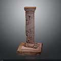 Ancient Red Stone Architectural Column With Intricate Carvings And Square Base