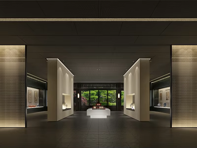 Contemporary Exhibition Hall Interior Featuring Symmetrical Pillars Display Cabinets Central Platform And Scenic Window View 3d model